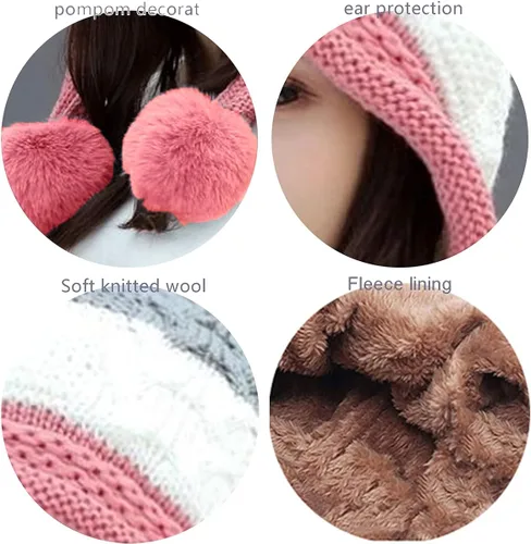 Vista 4 de FSIGOM Gorros de punto gruesos de invierno para mujer versión coreana grande con pompones de piel orejeras cálidas de lana con protección