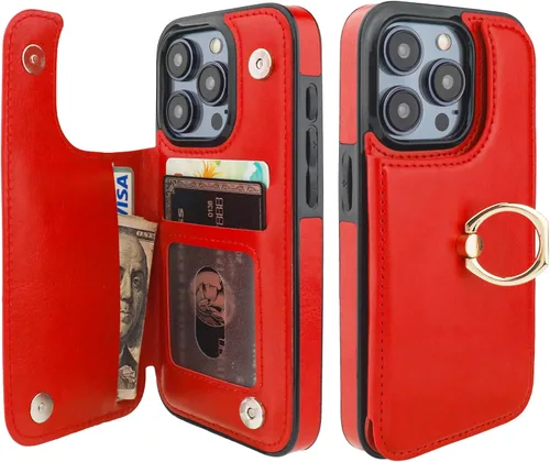 Vista 9 de ONETOP - Funda tipo cartera para iPhone 15 Pro con soporte para tarjetas, anillo de rotación de 360°, bloqueo RFID, piel sintética, doble cierre