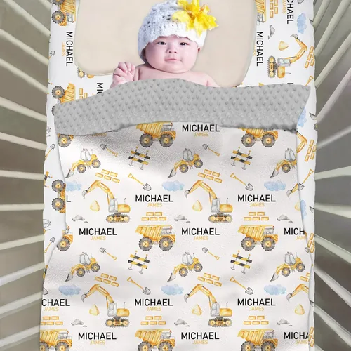 Vista 3 de Juego de cama personalizado para bebé, ropa de cama de cuna con nombre personalizado, juego de 2 piezas con edredón y sábanas bajeras Construcción