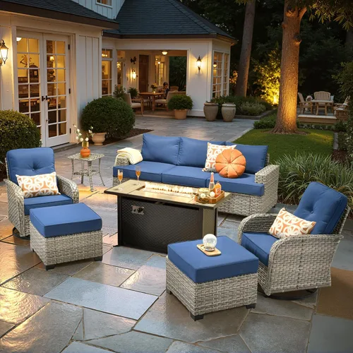 Vista 18 de HOOOWOOO Juego de muebles seccionales de patio con mesa de luz solar, 6 piezas de mimbre para exteriores, sofá en forma de L, juego de conversación