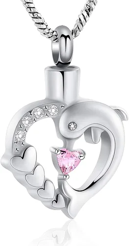 Vista 19 de Yinplsmemory Collar de urna de corazón de delfín para cenizas para mujer, colgante de urna de corazón de cristal, collar de recuerdo de cenizas