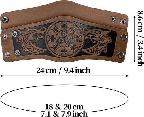 Vista 6 de HiiFeuer 2 pulseras vikingas de piel sintética en relieve, pulsera retro nórdica, patrón nórdico Mjolnir Vegvisir