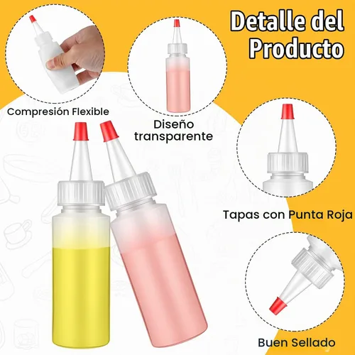 Vista 3 de Xinnun 80 botellas de plástico de 4 onzas para condimentos con tapas de punta roja, botella dispensadora redonda vacía recargable para líquidos