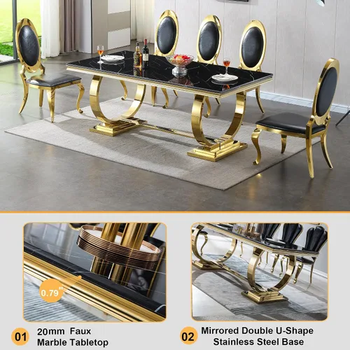 Vista 3 de 5 Piece Black Marble Dining Table Set for 4, Modern Faux Marble Kitchen Dining Room Tables with 4 Leather Chairs Set, 68.11" Luxury Rectangular