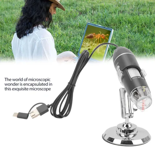 Vista 2 de Ciciglow Microscopio digital portátil de mano, 50-1600X con LED ajustable y soporte, USB para teléfono móvil Android portátil