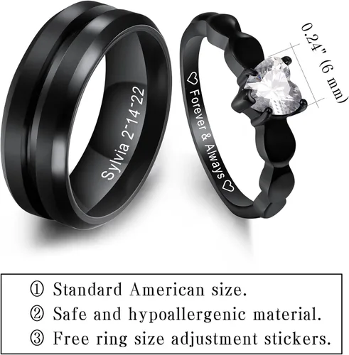 Vista 5 de MeMeDIY Juego de anillos personalizados de acero inoxidable para parejas, anillos de promesa con nombres grabados con piedra preciosa de corazón