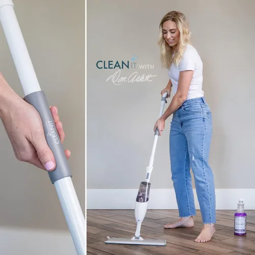 Vista 7 de Don Aslett 's Spray Mop Plus+ para limpieza de suelos Cabezal giratorio de 360° Almohadilla de microfibra reutilizable Raspador de goma