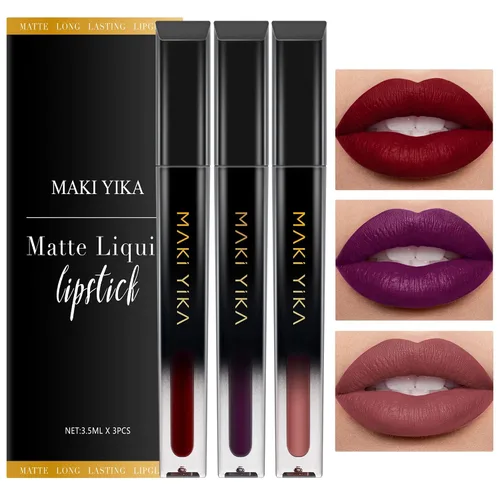 Vista 35 de MAKI YIKA Juego de 3 lápices labiales líquidos mate, color negro y rojo Negro/Rojo Oscuro/Desnudo