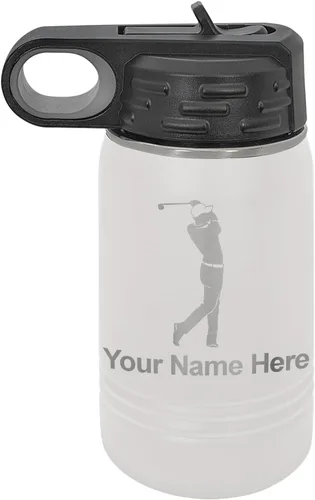 Vista 11 de LaserGram Botella de agua personalizada, golfista de golf, acero inoxidable de doble pared aislada al vacío con popote superior, regalo grabado Negro