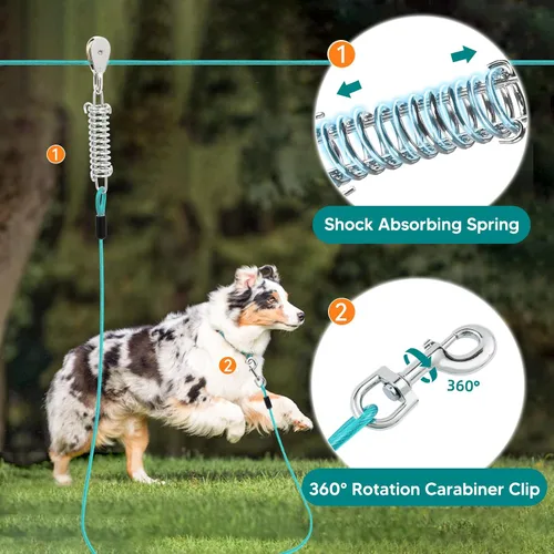 Vista 4 de Correa Corrediza para Perros de 50 Pies para Patio con Cable de Sujeción de 10 Pies - Sistema de Polea Resistente para Perros Grandes de Hasta 250