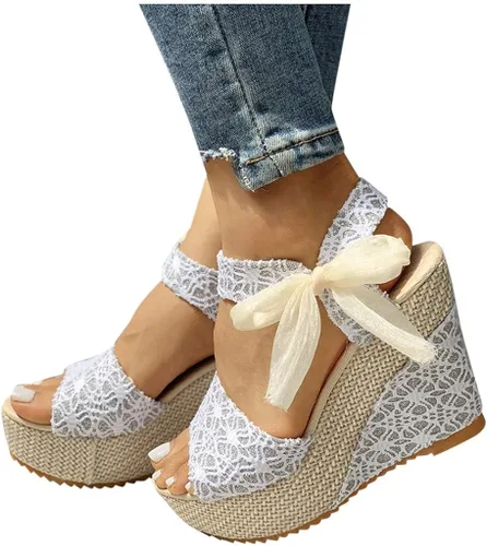 Vista 6 de HOSTINGG Sandalias de cuña para mujer, alpargatas de cuña para mujer, sandalias de plataforma con cordones y puntera abierta
