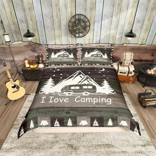 Vista 10 de Funda de edredón Happy Camping, juego de ropa de cama con temática de cámper para niños, funda de edredón de estilo rústico para decoración