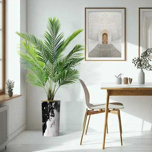 Vista 6 de Árbol artificial en macetero contemporáneo con efecto de granito, palmera tropical areca artificial de seda para decoración del hogar en interiores