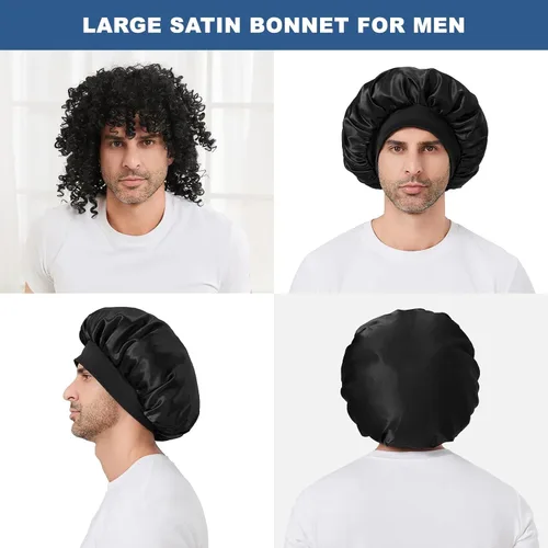 Vista 4 de Gorro para hombre, gorro de doble capa para dormir, gorro de dormir ajustable con banda elástica, gorros de satén de seda para trenzas de cabello