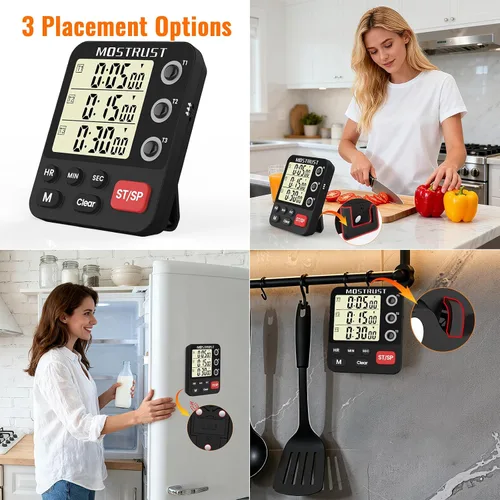 Vista 3 de Temporizador digital de cocina doble, temporizador de cuenta regresiva triple de 3 canales para cocinar, pantalla grande preestablecida de memoria