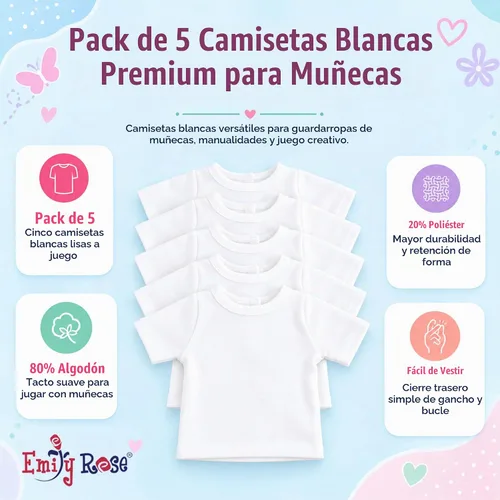 Vista 2 de Emily Rose Paquete de 5 camisetas de primera calidad para muñecas de 18