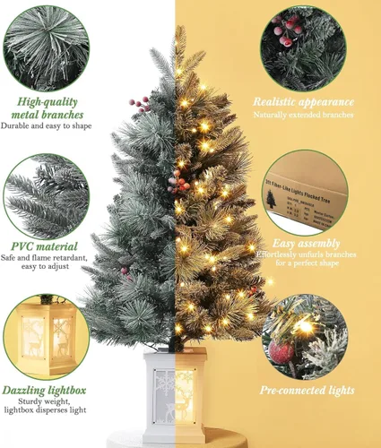 Vista 4 de Árbol de Navidad de 3 pies con base de reno, árbol de Navidad artificial esmerilado con 78 luces LED, caja de batería de 8 modos, decoraciones