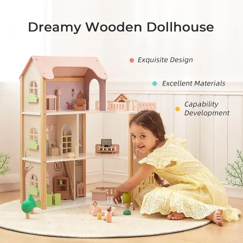 Vista 2 de OOOK Casa de muñecas de madera con 60 accesorios de muebles de lujo, incluyendo 4 muñecas y 2 mascotas, casa grande de muñecas de 3 pisos con 6
