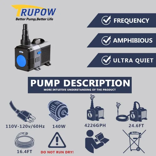 Vista 2 de TRUPOW 4226GPH Bomba de filtro de estanque sumergible de jardín en línea eléctrica de frecuencia de flujo para pecera fuente acuario cascada Koi sal