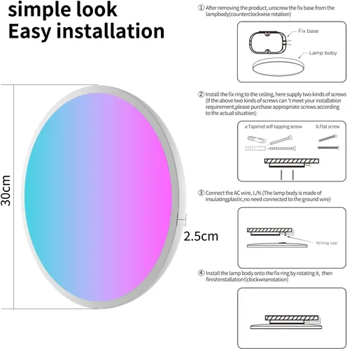 Vista 6 de RGBCW - Luces de techo LED inteligentes que cambian de color, compatible con Alexa Google Home, lámpara de techo empotrada de 24 W, programador