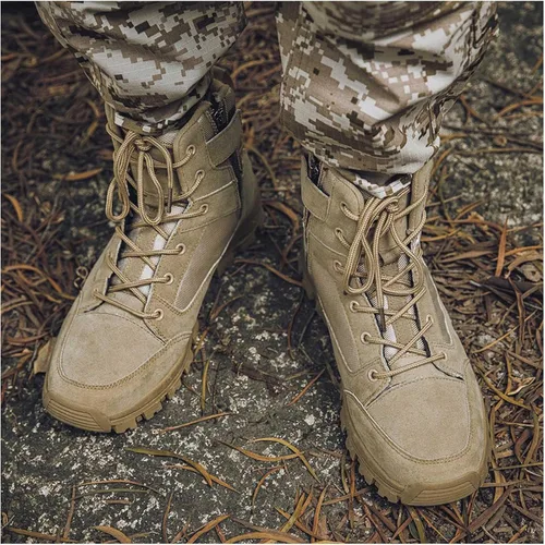 Vista 7 de Botas tácticas de senderismo para hombre, botas de combate ligeras, con cremallera lateral, botas militares duraderas para exteriores