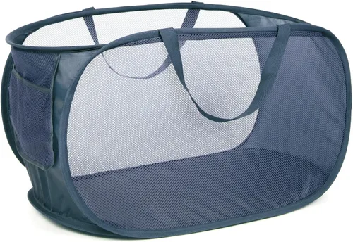 Vista 32 de Cestas de lavandería plegables duraderas, cesta de lavandería desplegable de malla con bolsillo lateral, cesta de ropa plegable con asas