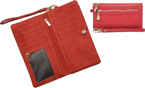 Vista 2 de Aslana Cartera larga de cuero suave con correa de mano bolso de embrague para las mujeres multi función tarjetero teléfono bolsa, #04 Rojo