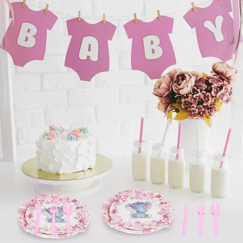 Vista 4 de Bokon Juego de 300 platos de elefante para baby shower, para 50 vajillas, incluye platos, servilletas, tenedores, cucharas, cuchillos, elefante