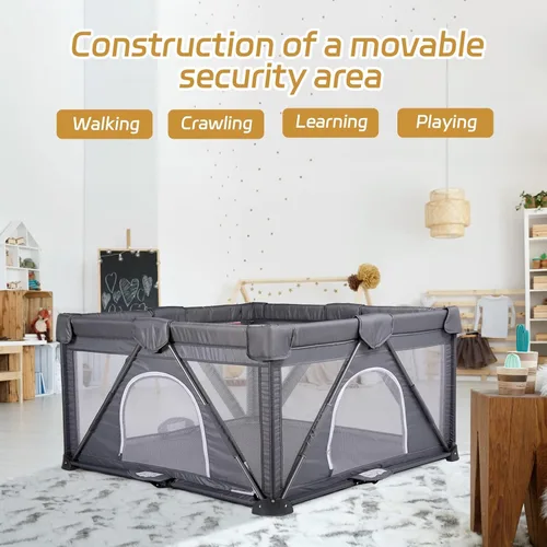 Vista 3 de Corralito plegable para bebés, corralito de juego extra grande para bebés y niños pequeños, patio de juegos portátil de seguridad para niños en Gris
