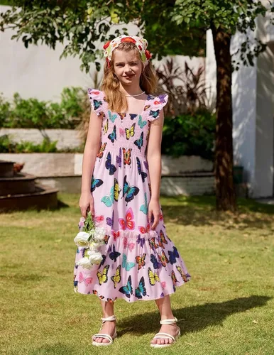 Vista 2 de RETSUGO Vestidos para niñas pequeñas, vestido casual de fiesta de cumpleaños, vestido de verano para niños pequeños, vestido de verano de 1 a 8 años