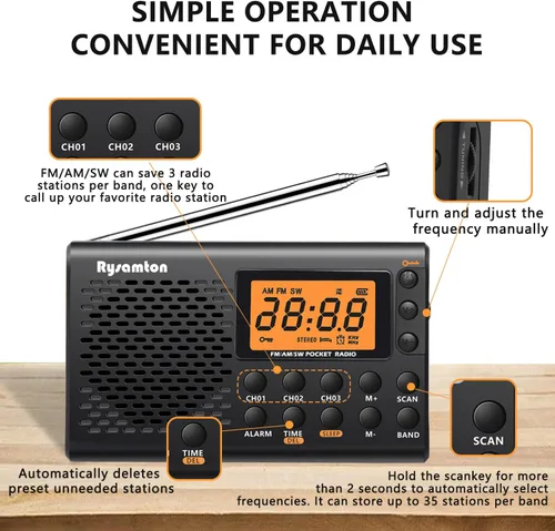 Vista 7 de Radio portátil AM/FM/onda corta, radios de bolsillo con pilas, pantalla digital grande, radio reloj con alarma y función de sueño, auriculares