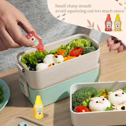 Vista 4 de 4 mini botellas de salsa de tomate para lonchera, recipientes de aderezo de ensalada de 0.8 fl oz, botellas pequeñas para condimentos para salsa
