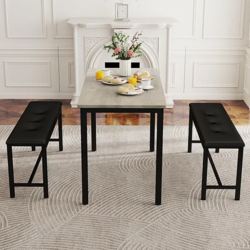 Vista 8 de Juego de mesa de comedor para 4, mesa de cocina con 2 bancos, muebles de comedor de madera de 3 piezas, juegos de sillas de comedor para rincón