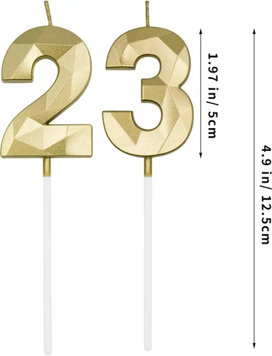 Vista 2 de Velas de cumpleaños número 23 y 32 para pastel, velas doradas con forma de diamante 3D con forma de diamante, decoraciones de cumpleaños