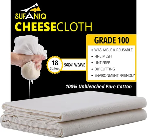 Vista 9 de Sufaniq Paños de Queso, Grado 90 (9 Pies Cuadrados) Estopilla Reutilizable de Algodón 100% Puro, Tela Ultrafina Sin Blanquear, Estopilla para Colar