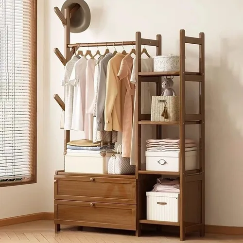 Vista 17 de Perchero de madera para colgar ropa con estantes de almacenamiento para entrada, pasillo, sala de estar