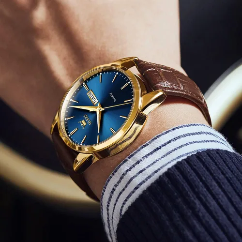 Vista 9 de OLEVS Reloj para hombres cronógrafo marrón cuero oro caso analógico cuarzo moda negocios vestido grande hombres reloj día fecha luminoso impermeable