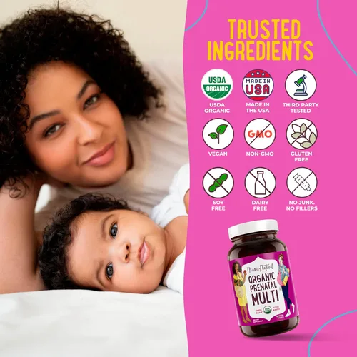 Vista 5 de Mama Natural Paquete prenatal – Vitaminas prenatales orgánicas para mujeres + probióticos seleccionados específicamente para el embarazo