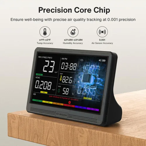 Vista 8 de Monitor de calidad del aire 16 en 1 para interiores, pantalla de 7 pulgadas, 9 alertas AQI+7 AQI, monitor de CO2 probador de calidad del aire