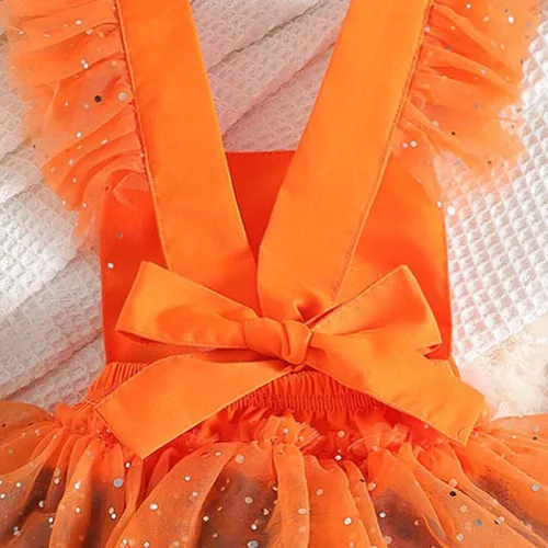 Vista 3 de Disfraz de Halloween para recién nacido, sin mangas, con estampado de calabaza, sin espalda, con capucha, vestido para bebé