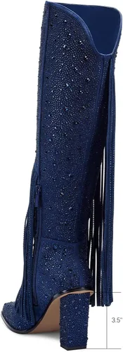 Vista 4 de Botas con borlas y diamantes de imitación para mujer, punta cuadrada, tacón grueso, botas altas hasta la rodilla