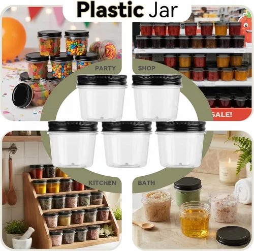 Vista 7 de novelinks Tarros de plástico transparente de 4 onzas con tapas negras, pequeños recipientes redondos reutilizables para alimentos, especias