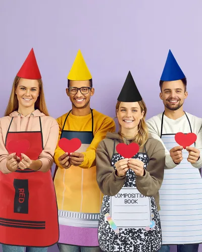 Vista 4 de Juego de 4 disfraces de Halloween para adultos, divertidos profesores, papelería, delantal, disfraz de grupo familiar, marcador de crayón