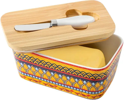 Vista 17 de Hasense Mantequillera de porcelana con tapa de bambú – Mantequera cubierta con cuchillo de mantequilla para encimera, recipiente hermético
