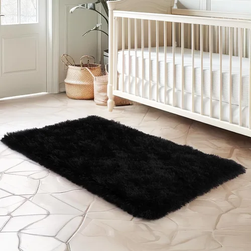 Vista 8 de qulint Alfombra negra para dormitorio, alfombra de área pequeña de 2 x 3 pies para habitación de niños, alfombra suave y mullida para sala de estar