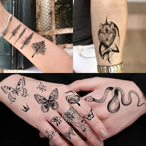 Vista 6 de 49 hojas de tatuajes temporales tribales negros para mujeres, hombres, adultos, brazo, cuerpo, de larga duración, lobo maorí, tigre, león, guerrero