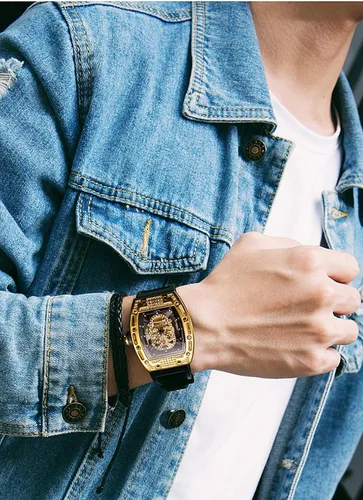 Vista 6 de Relojes únicos de calavera para hombre, esfera de esqueleto rectangular, relojes de pulsera analógicos de cuarzo para hombre, relojes de calavera