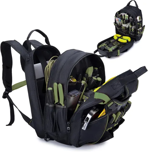 Vista 10 de Mochila de herramientas resistente con 52 bolsillos, bolsa de herramientas para hombres, bolsas impermeables para electricista con compartimento