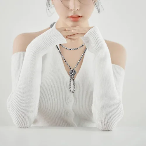 Vista 4 de Firstmeet - Collar con nudo de cuerda, de cuentas de cristal, largo, para mujer.