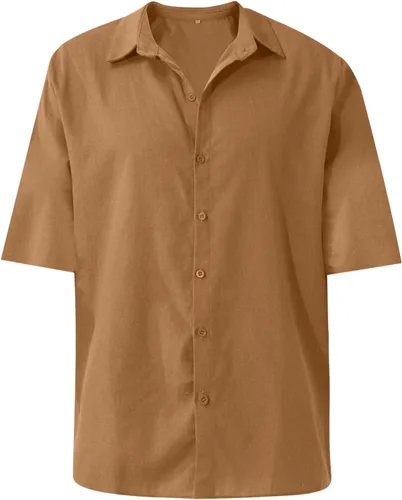 Vista 4 de Ymosrh Camisa de manga larga para hombre, casual, de algodón, lino, color liso, holgada, térmica, pesada